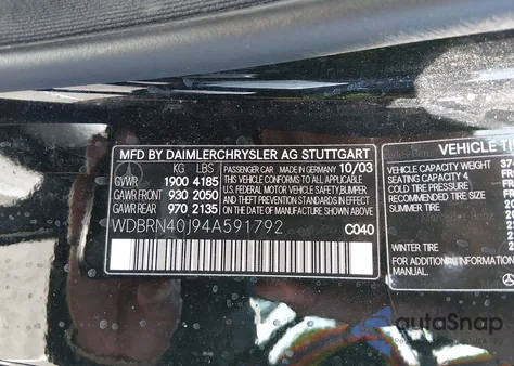 2004 Mercedes-Benz C 230 Kompressor Sport from USA, damaged, VIN WDBRN40J94A591792